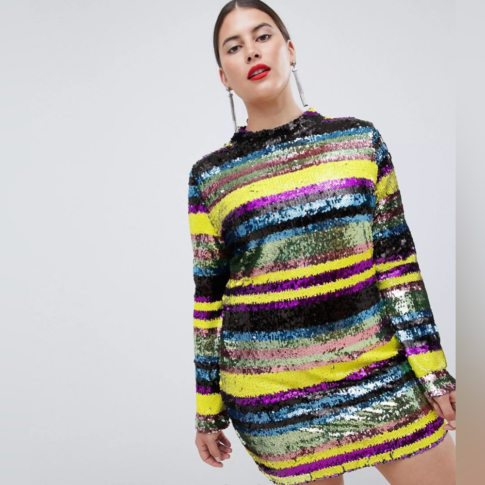 CLUB L LONDON Multicolor Sequin High Neck Long Sleeve Mini Dress - US 4